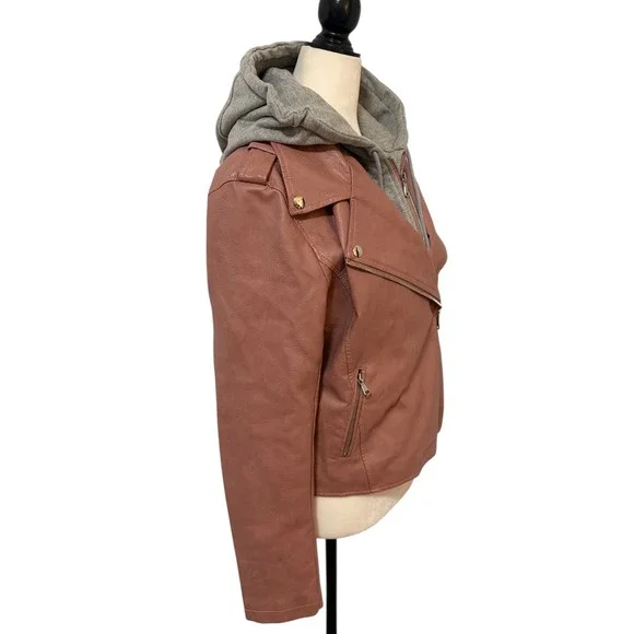 Vintage Le Chateau Medium Pink Faux Leather Moto Jacket w/ Grey Hoodie - Picture 6 of 11